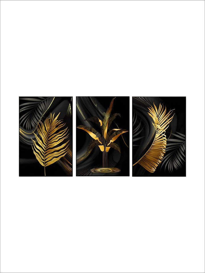 Exotic Tropical Botanical Black Golden Leaves Wall Art Fine Art Canvas Prints Pictures For Luxury Living Room Home Decor