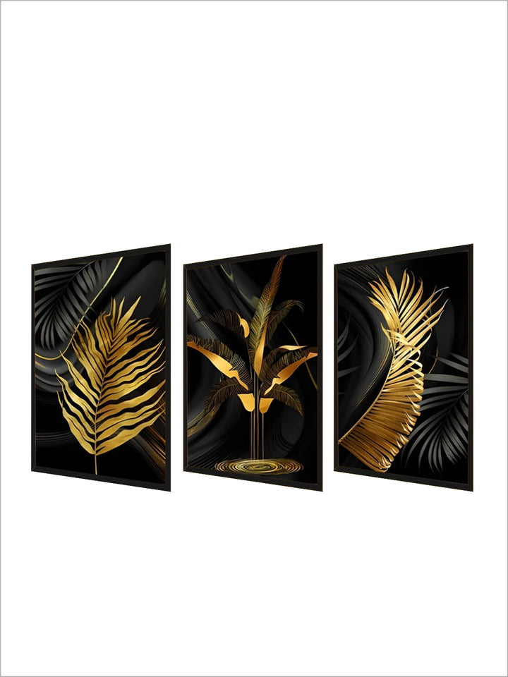 Exotic Tropical Botanical Black Golden Leaves Wall Art Fine Art Canvas Prints Pictures For Luxury Living Room Home Decor