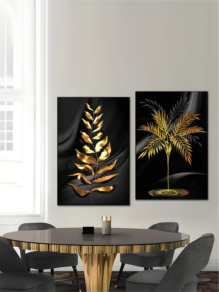 Exotic Tropical Botanical Black Golden Leaves Wall Art Fine Art Canvas Prints Pictures For Luxury Living Room Home Decor