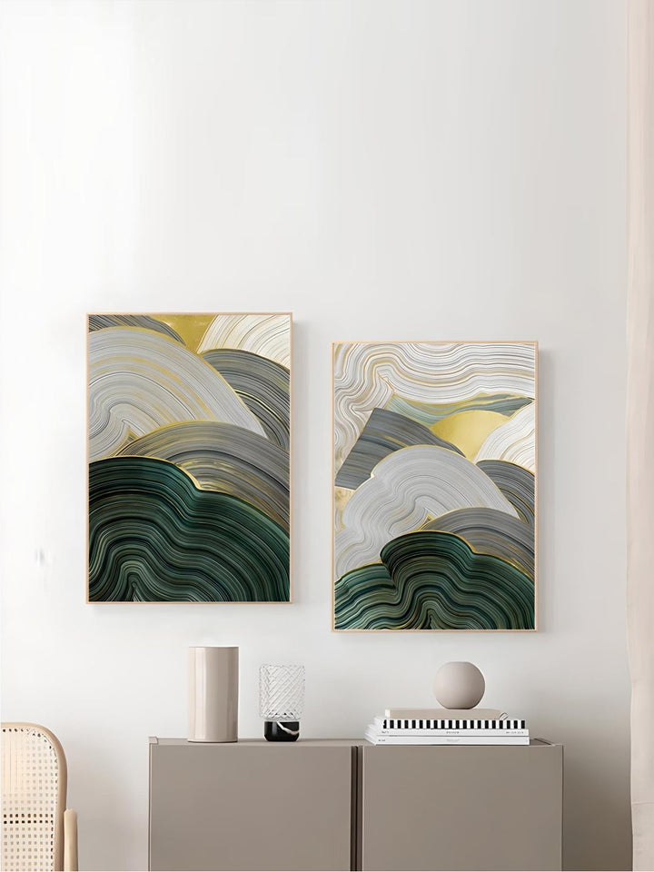 Green Beige Gray Flowing Swirls Abstract Wall Art Fine Art Canvas Prints Pictures For Modern Apartment Dining Room Living Room Art Decor