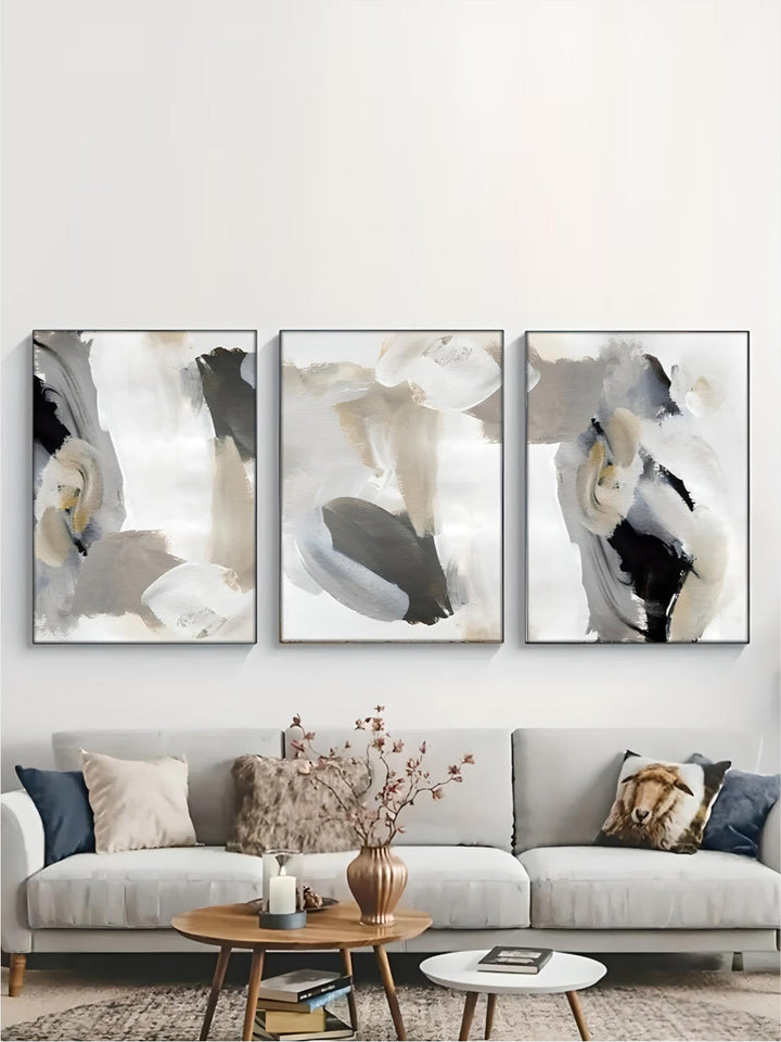 Modern Abstract Thick Brush Black Gray Beige Wall Art Fine Art Canvas Prints Pictures For Contemporary Home Office Interior Decor