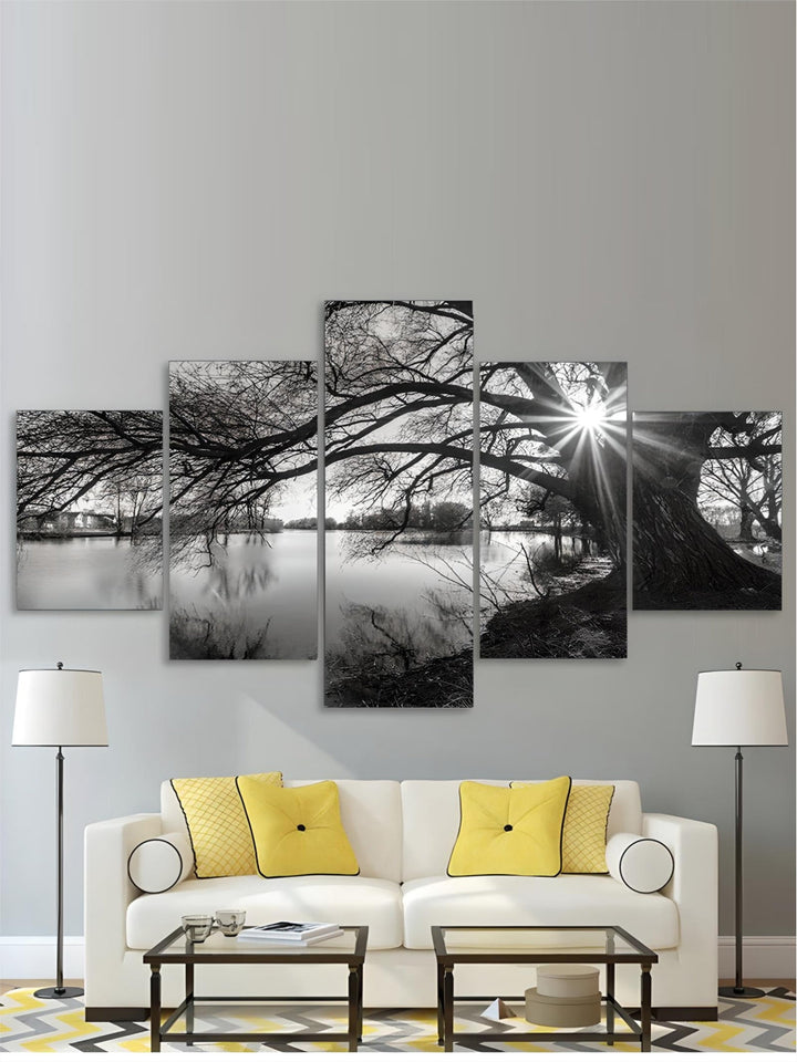 Winter Lake Landscape Scenery Wall Art Set of 5 pcs Fine Art Canvas Prints Modern Black & White Lifestyle Pictures For Living Room Decor