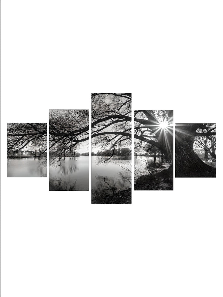 Winter Lake Landscape Scenery Wall Art Set of 5 pcs Fine Art Canvas Prints Modern Black & White Lifestyle Pictures For Living Room Decor