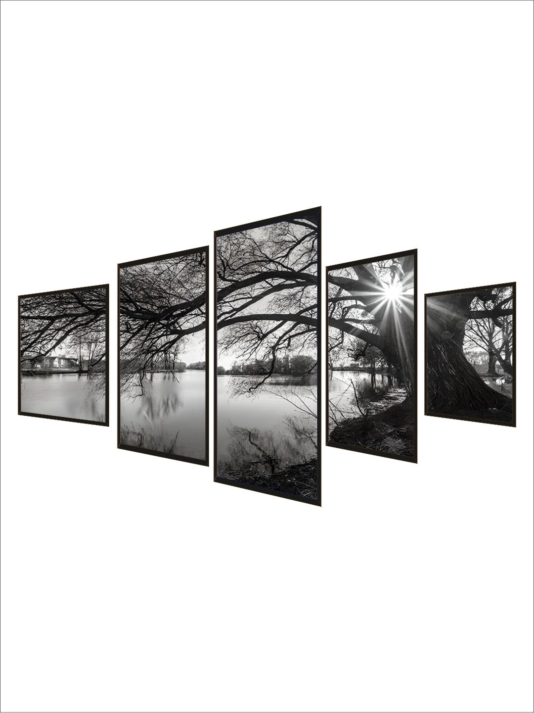 Winter Lake Landscape Scenery Wall Art Set of 5 pcs Fine Art Canvas Prints Modern Black & White Lifestyle Pictures For Living Room Decor