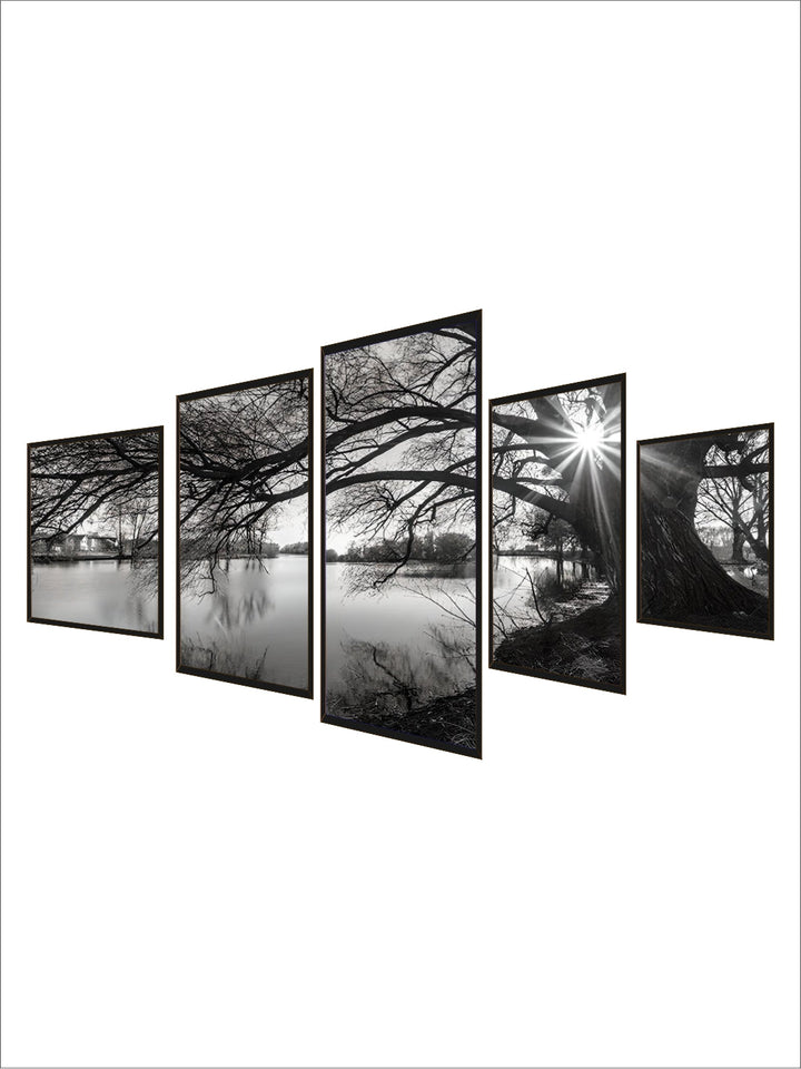 Winter Lake Landscape Scenery Wall Art Set of 5 pcs Fine Art Canvas Prints Modern Black & White Lifestyle Pictures For Living Room Decor