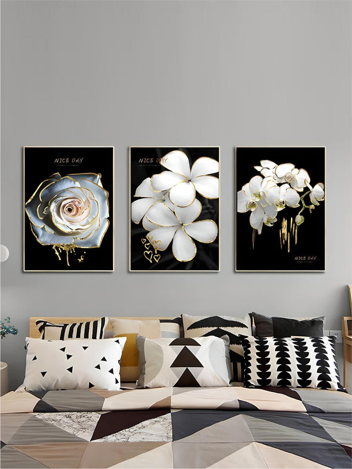 White Golden Flowers Floral Chic Botanical Wall Art Fine Art Canvas Prints Pictures For Luxury Living Room Bedroom Salon Wall Decoration