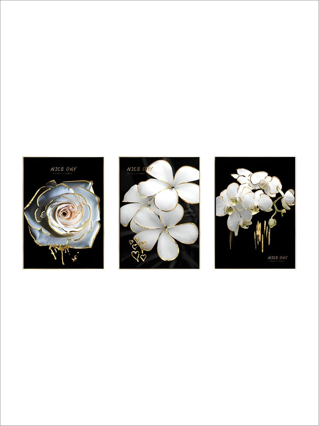White Golden Flowers Floral Chic Botanical Wall Art Fine Art Canvas Prints Pictures For Luxury Living Room Bedroom Salon Wall Decoration