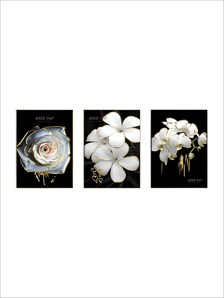 White Golden Flowers Floral Chic Botanical Wall Art Fine Art Canvas Prints Pictures For Luxury Living Room Bedroom Salon Wall Decoration