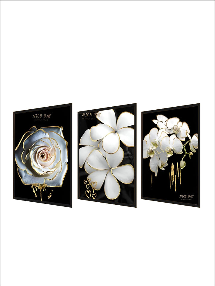 White Golden Flowers Floral Chic Botanical Wall Art Fine Art Canvas Prints Pictures For Luxury Living Room Bedroom Salon Wall Decoration