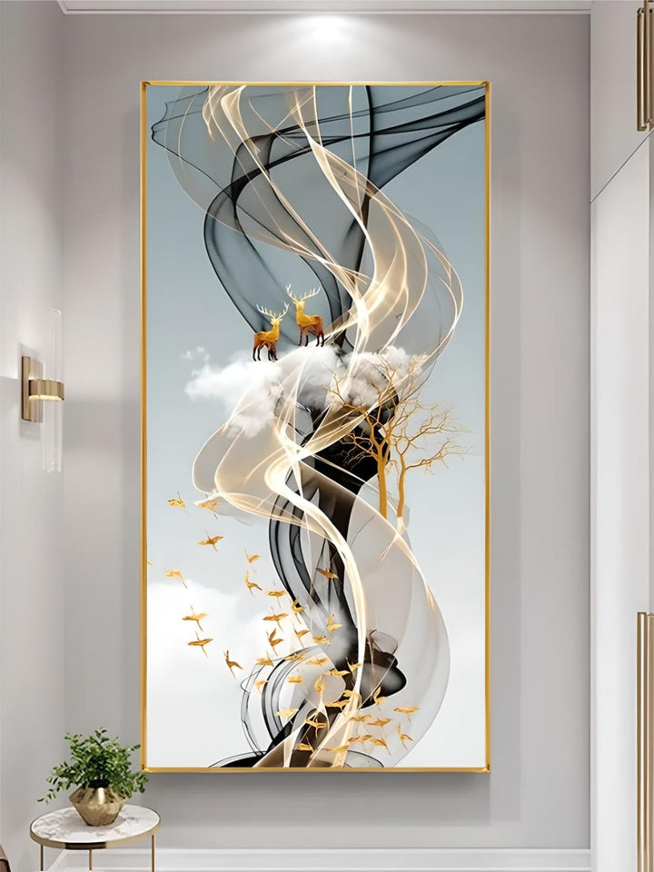 Mystical Golden Deer Flowing Landscape Wall Art Fine Art Canvas Prints Vertical Format Auspicious Nordic Pictures For Entrance Hall Decor