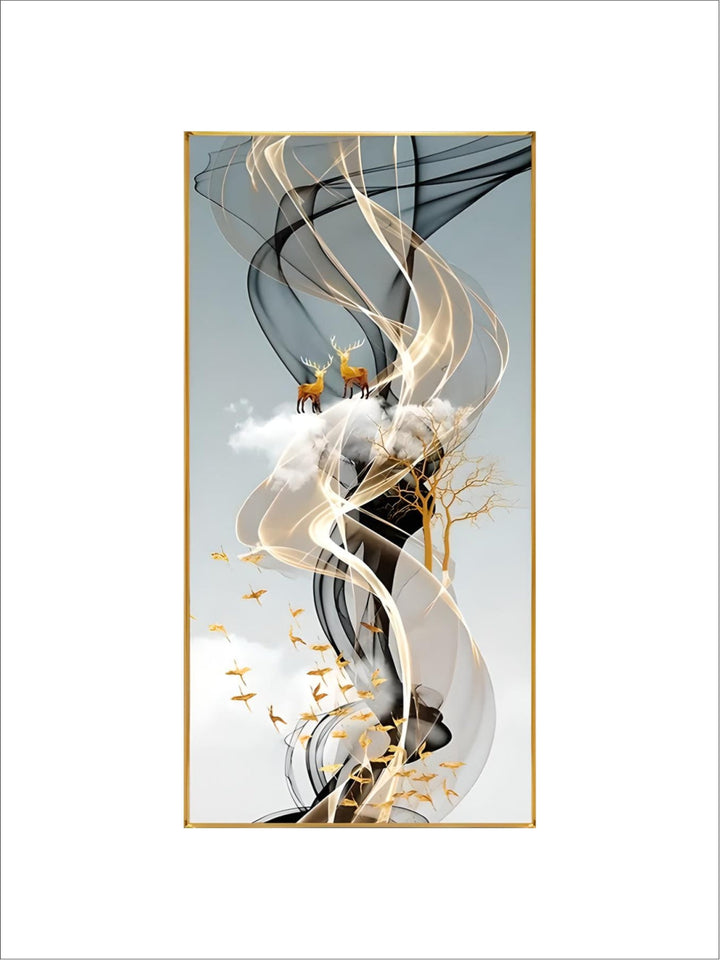Mystical Golden Deer Flowing Landscape Wall Art Fine Art Canvas Prints Vertical Format Auspicious Nordic Pictures For Entrance Hall Decor