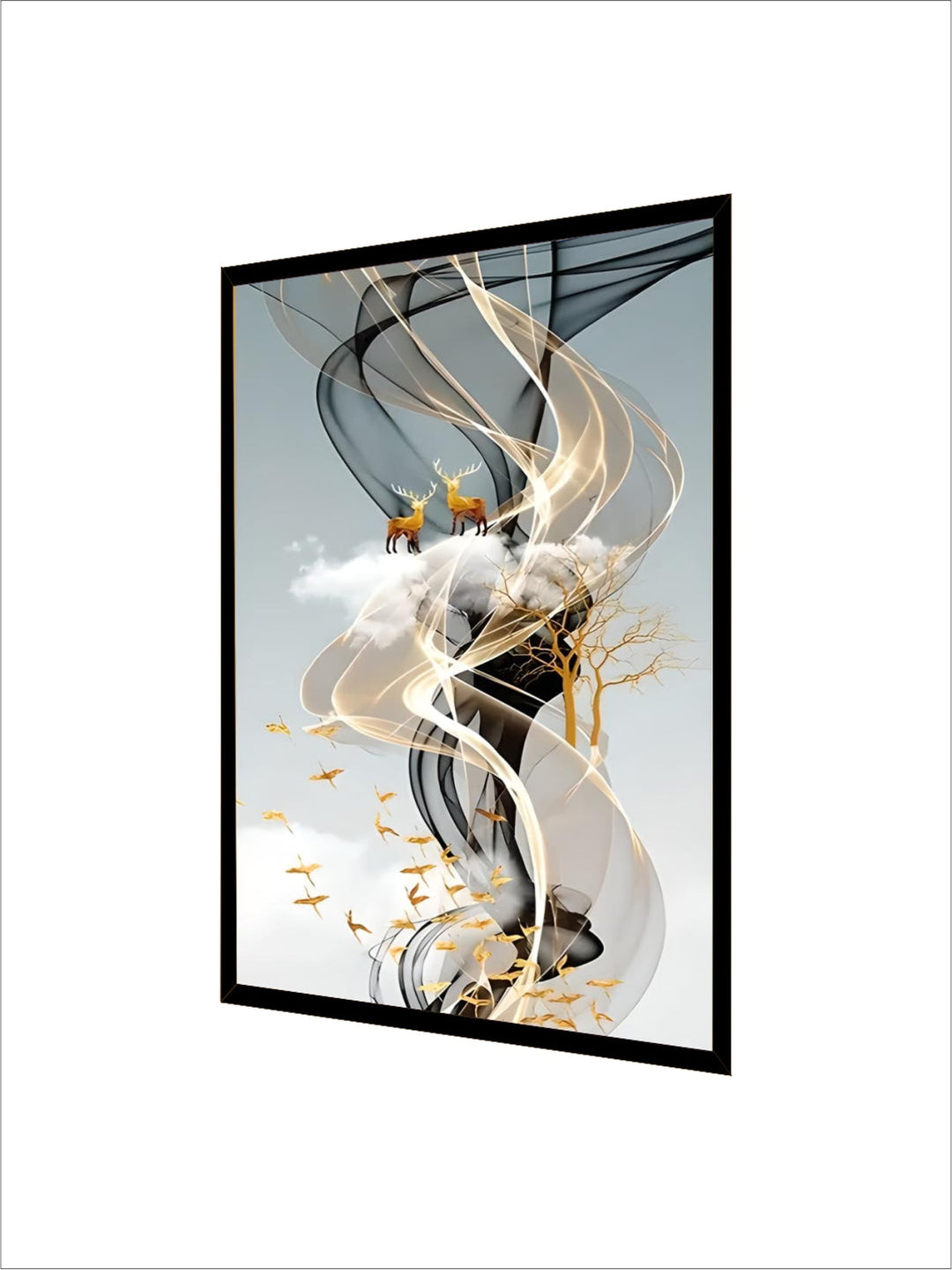Mystical Golden Deer Flowing Landscape Wall Art Fine Art Canvas Prints Vertical Format Auspicious Nordic Pictures For Entrance Hall Decor