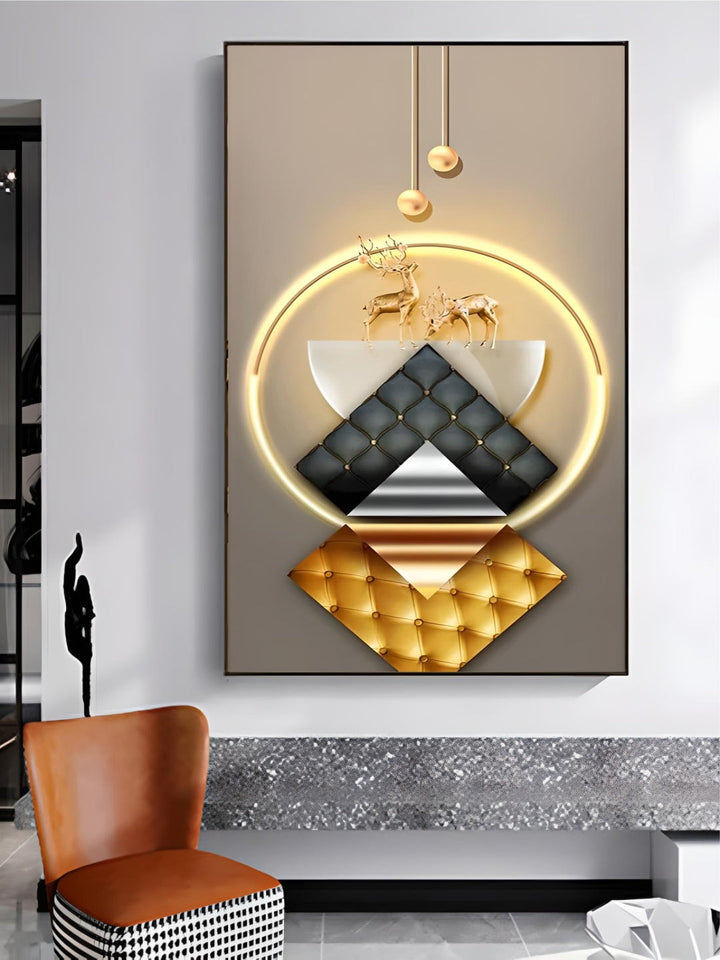 Mystical Golden Deer Flowing Landscape Wall Art Fine Art Canvas Prints Vertical Format Auspicious nordic Pictures For Entrance Hall Decor