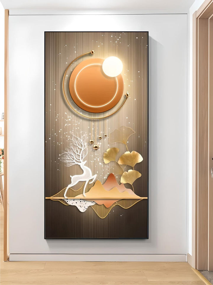 Mystical Golden Deer Flowing Landscape Wall Art Fine Art Canvas Prints Vertical Format Auspicious nordic Pictures For Entrance Hall Decor