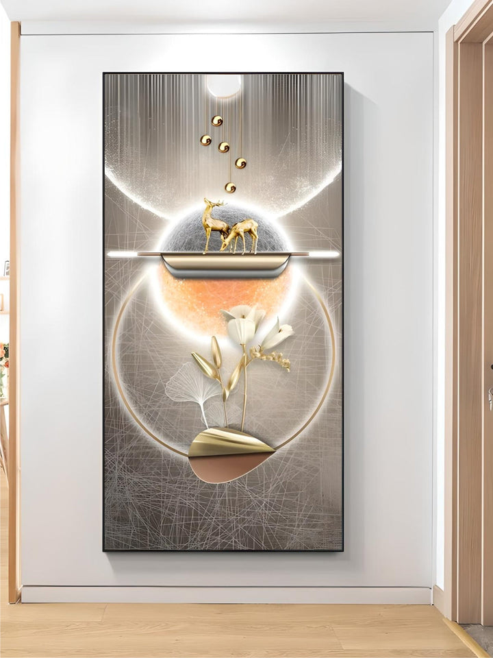Mystical Golden Deer Flowing Landscape Wall Art Fine Art Canvas Prints Vertical Format Auspicious nordic Pictures For Entrance Hall Decor