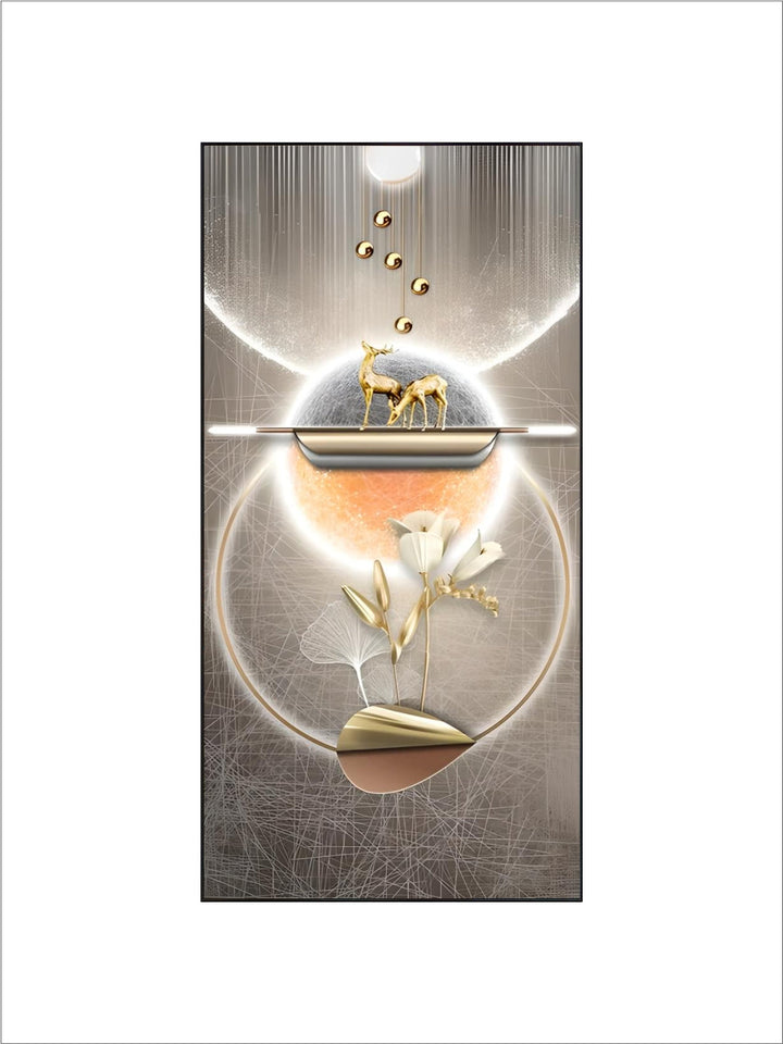 Mystical Golden Deer Flowing Landscape Wall Art Fine Art Canvas Prints Vertical Format Auspicious nordic Pictures For Entrance Hall Decor