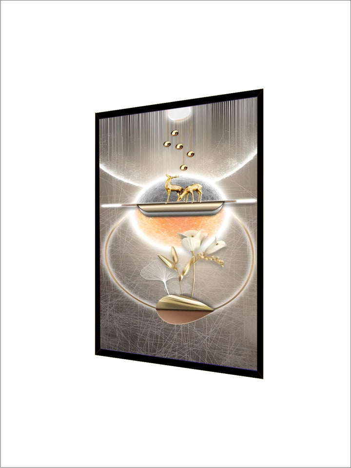 Mystical Golden Deer Flowing Landscape Wall Art Fine Art Canvas Prints Vertical Format Auspicious nordic Pictures For Entrance Hall Decor