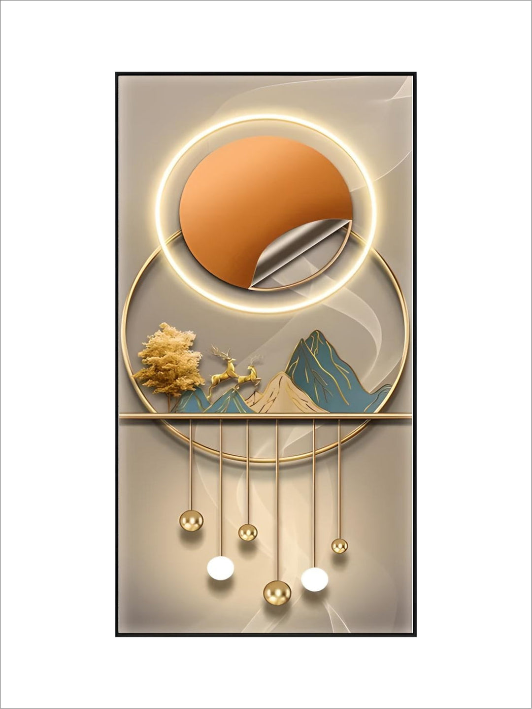 Mystical Golden Deer Flowing Landscape Wall Art Fine Art Canvas Prints Vertical Format Auspicious nordic Pictures For Entrance Hall Decor