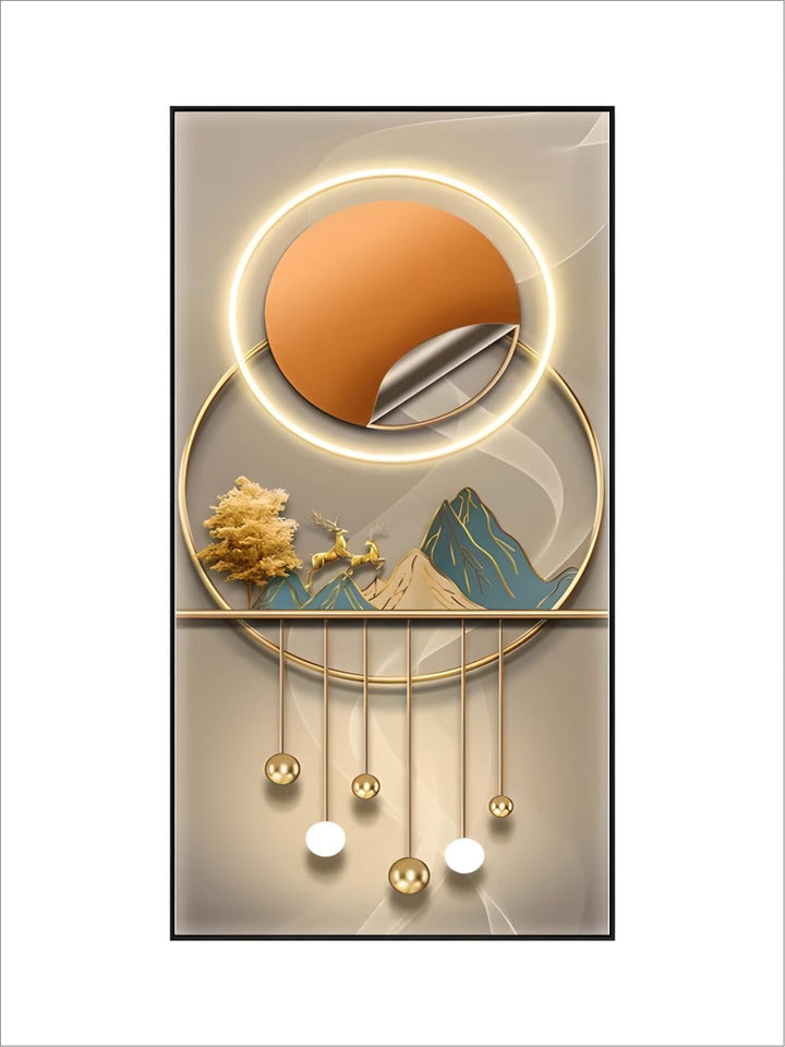 Mystical Golden Deer Flowing Landscape Wall Art Fine Art Canvas Prints Vertical Format Auspicious nordic Pictures For Entrance Hall Decor