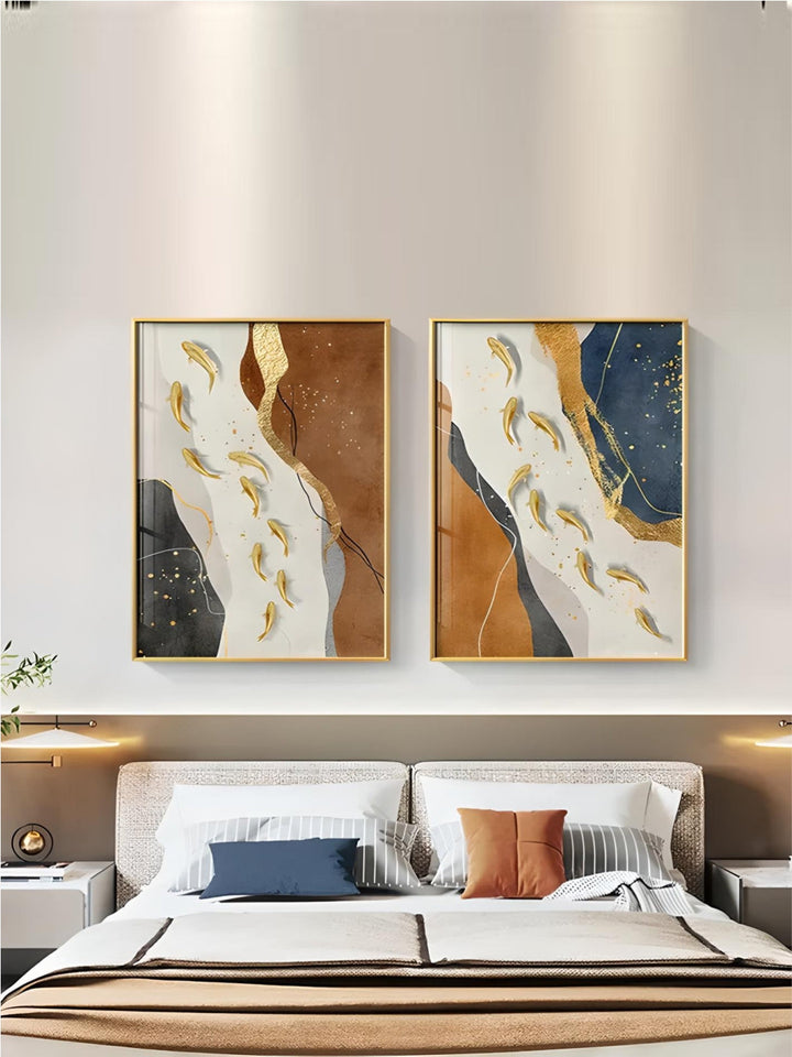 Abstract Gold Fish Auspicious Wall Art Fine Art Canvas Prints Dark Blue Orange Golden Pictures For Modern Home Office Hotel Room Art Decor