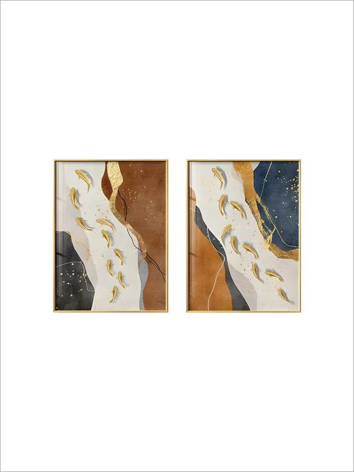 Abstract Gold Fish Auspicious Wall Art Fine Art Canvas Prints Dark Blue Orange Golden Pictures For Modern Home Office Hotel Room Art Decor