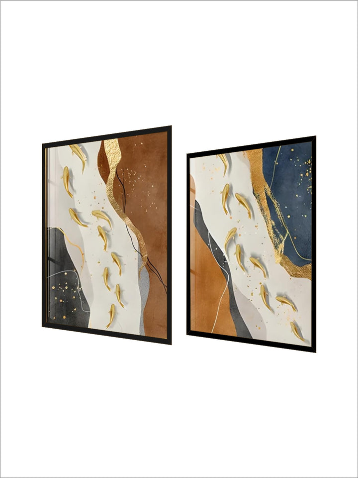 Abstract Gold Fish Auspicious Wall Art Fine Art Canvas Prints Dark Blue Orange Golden Pictures For Modern Home Office Hotel Room Art Decor