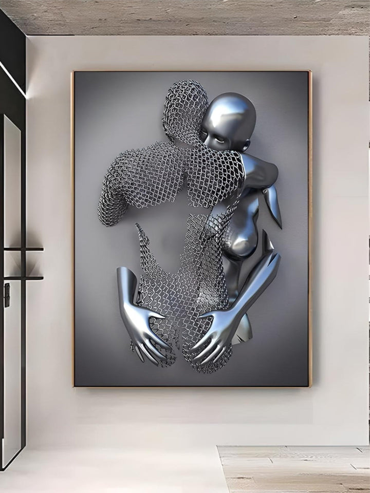 Gray Metallic 3d Effect Cyborg Lovers Figure Art Wall Art Fine Art Canvas Prints Abstract Pictures For Modern Loft Living Room Decor