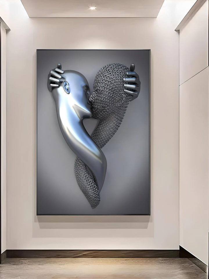 Gray Metallic 3d Effect Cyborg Lovers Figure Art Wall Art Fine Art Canvas Prints Abstract Pictures For Modern Loft Living Room Decor