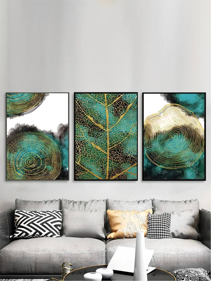 Modern Green Agate Golden Nordic Luxury Art Abstract Green Plant Gold Leaf Canvas Painting For Wall Art Decoration Living Room