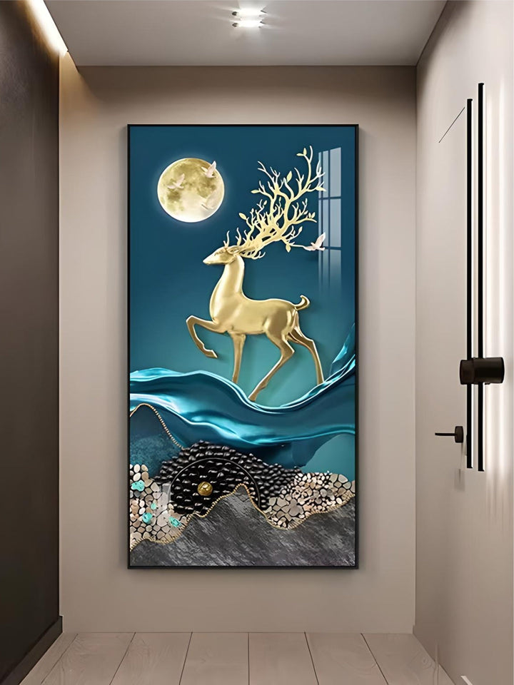 Large Wall Art Painting Gold Elk Nordic Style Luxury Animal crystal porcelain painting modern artwork framed for home decor
