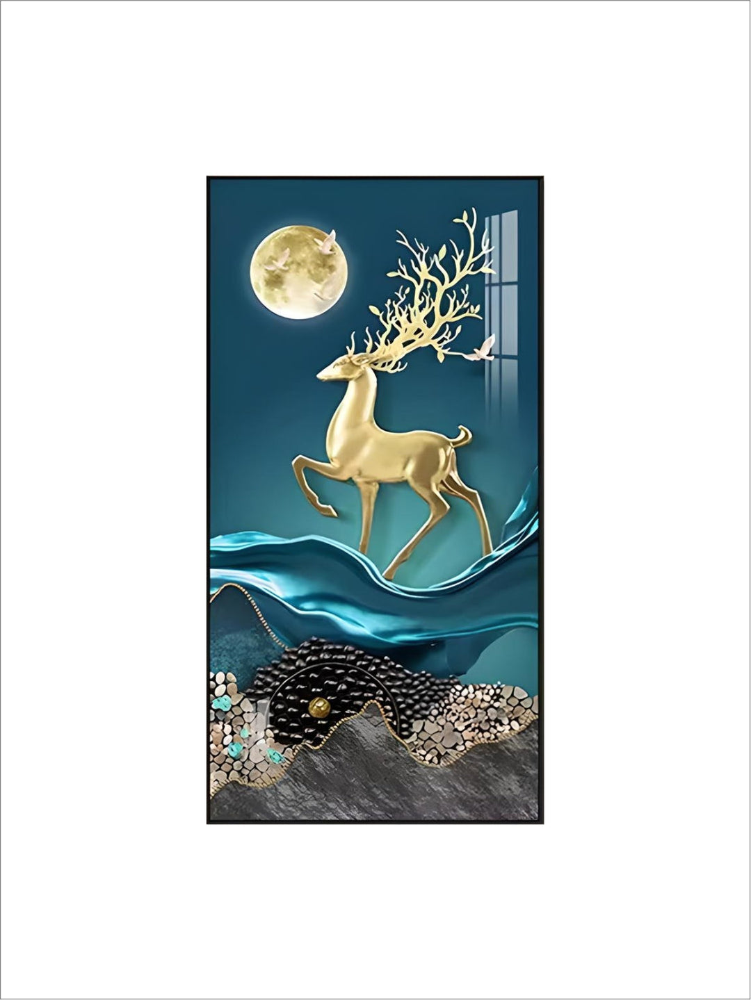 Large Wall Art Painting Gold Elk Nordic Style Luxury Animal crystal porcelain painting modern artwork framed for home decor