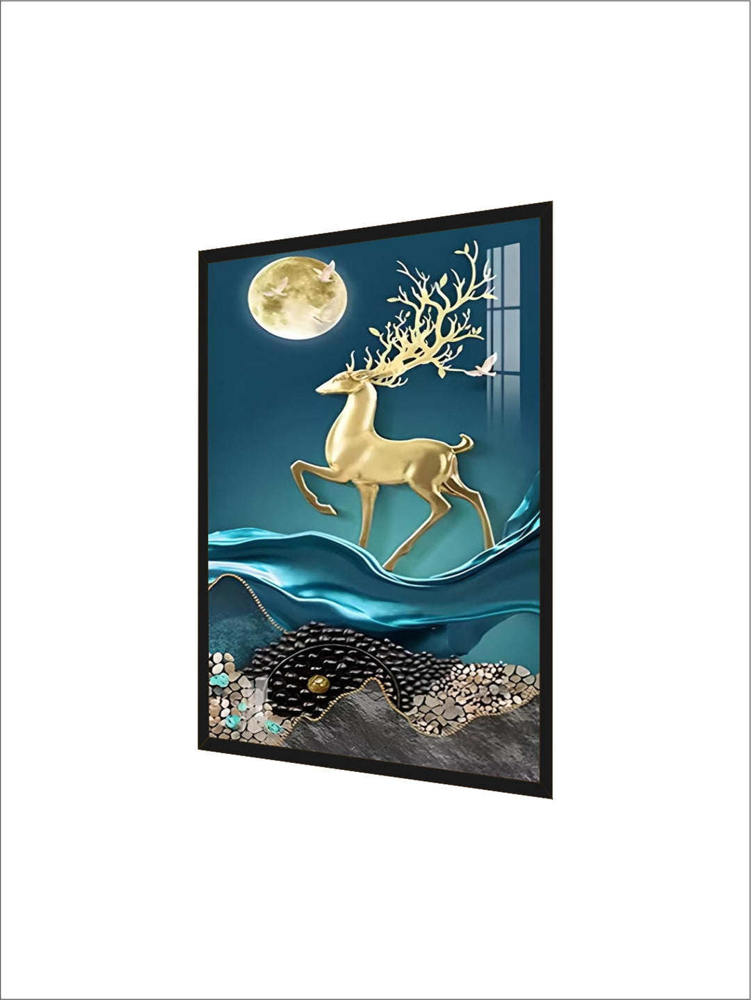 Large Wall Art Painting Gold Elk Nordic Style Luxury Animal crystal porcelain painting modern artwork framed for home decor