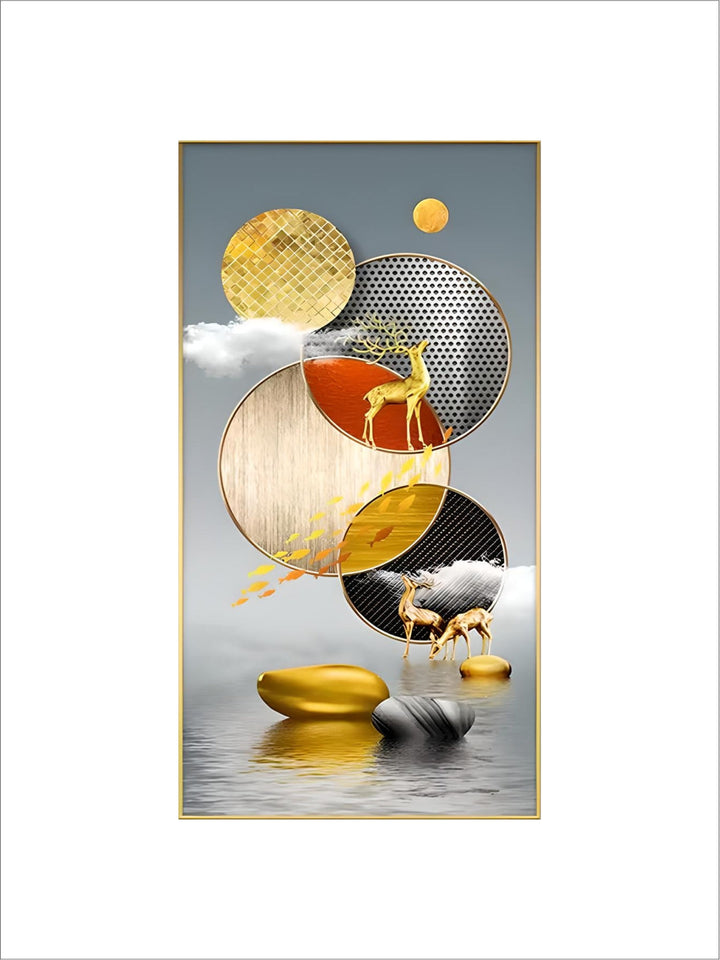 Large Wall Art Painting Gold Elk nordic Style Luxury Animal crystal porcelain painting modern artwork framed for home decor