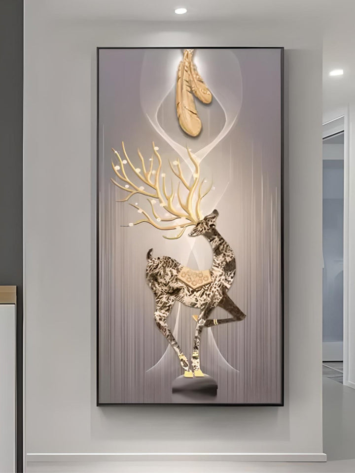Nordic Luxury Golden Deer Art Crystal Porcelain Painting Wall Decor Picture Entryway Wall Art Painting