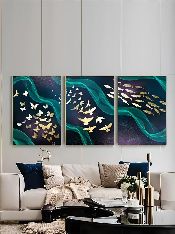 Nordic Style Abstract Wall Art Golden Ribbon Butterfly Fish Bird Dance Canvas Poster Print for Home Decor