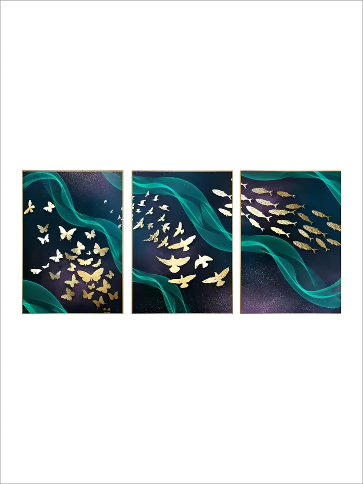 Nordic Style Abstract Wall Art Golden Ribbon Butterfly Fish Bird Dance Canvas Poster Print for Home Decor