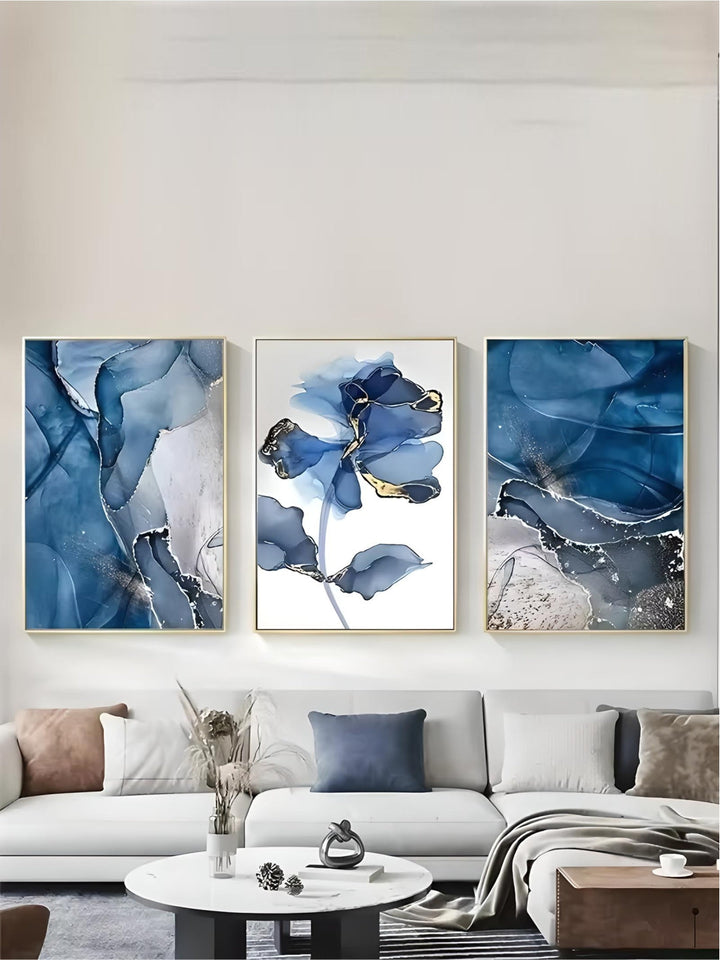 Nordic Fashion Luxury Home Decoration Blue and Gold Abstract Flower Art Oil Painting on Canvas Wall Ar