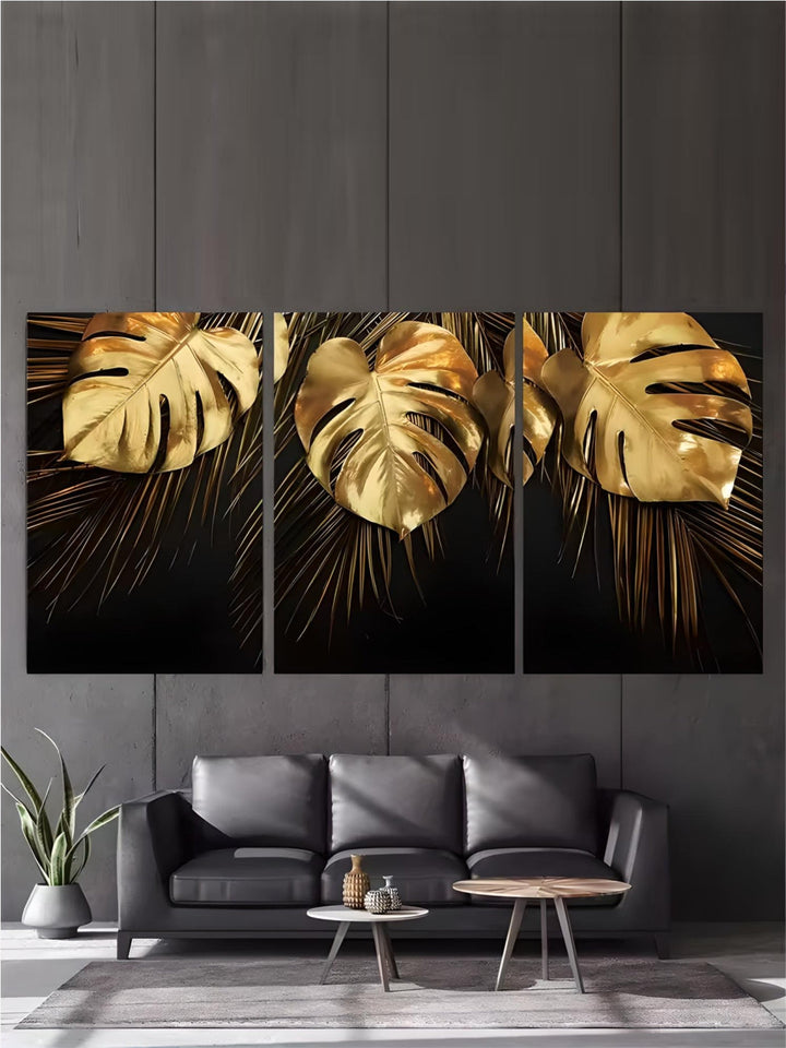 Nordic Light Luxury Style Home Decoration Leaf Art Prints painting golden 3 panel abstract plant wall