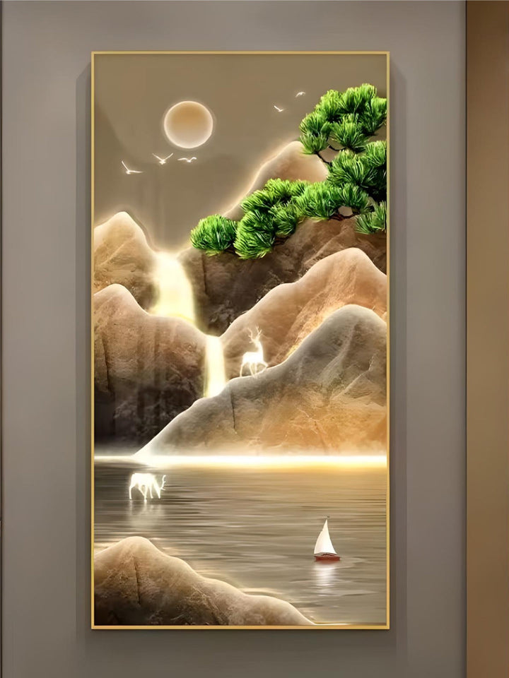 ArtUnion nordic Modern landscape Golden mountain with FISH crystal porcelain paintings wall art for living room home decor