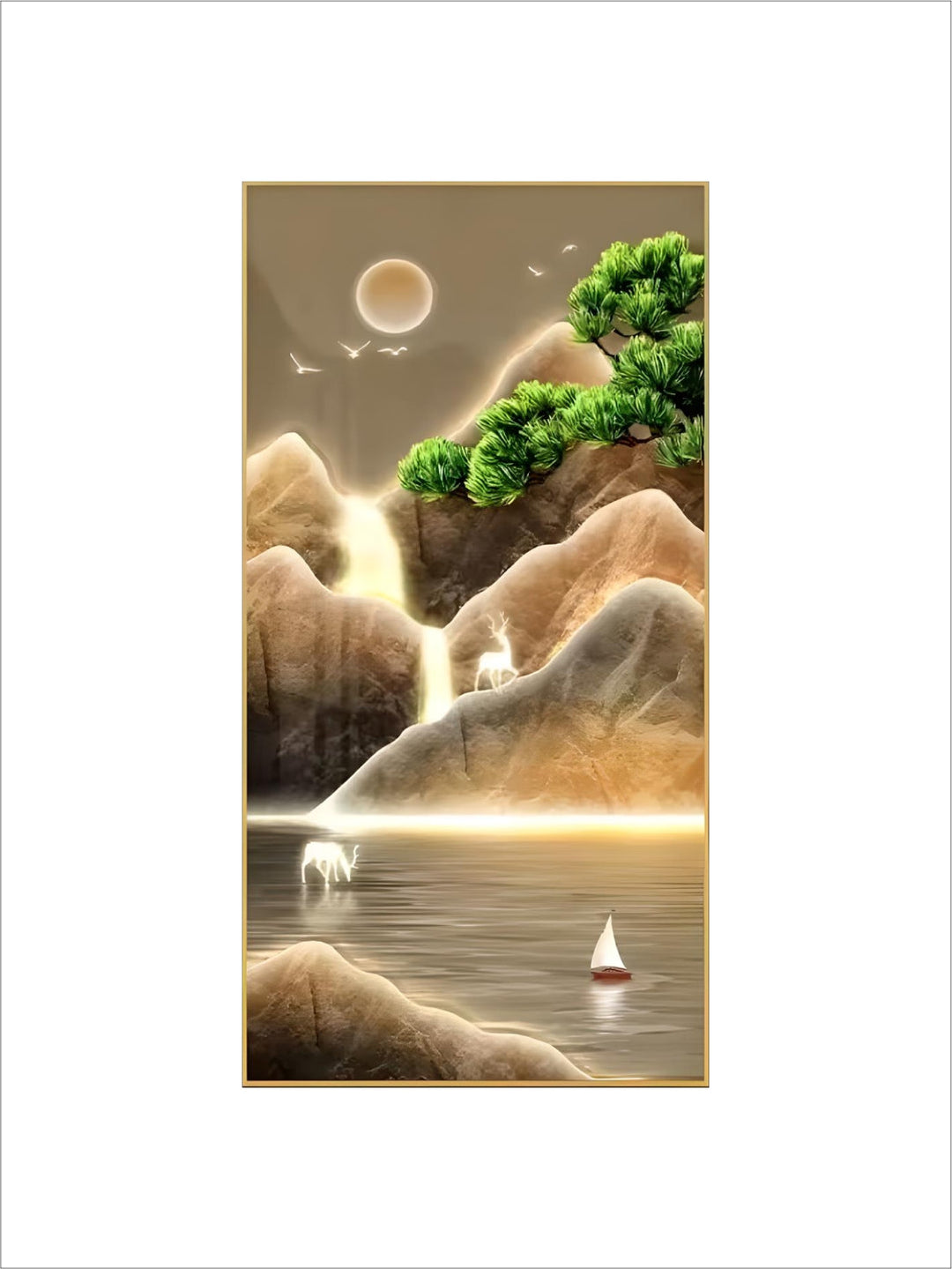 ArtUnion nordic Modern landscape Golden mountain with FISH crystal porcelain paintings wall art for living room home decor