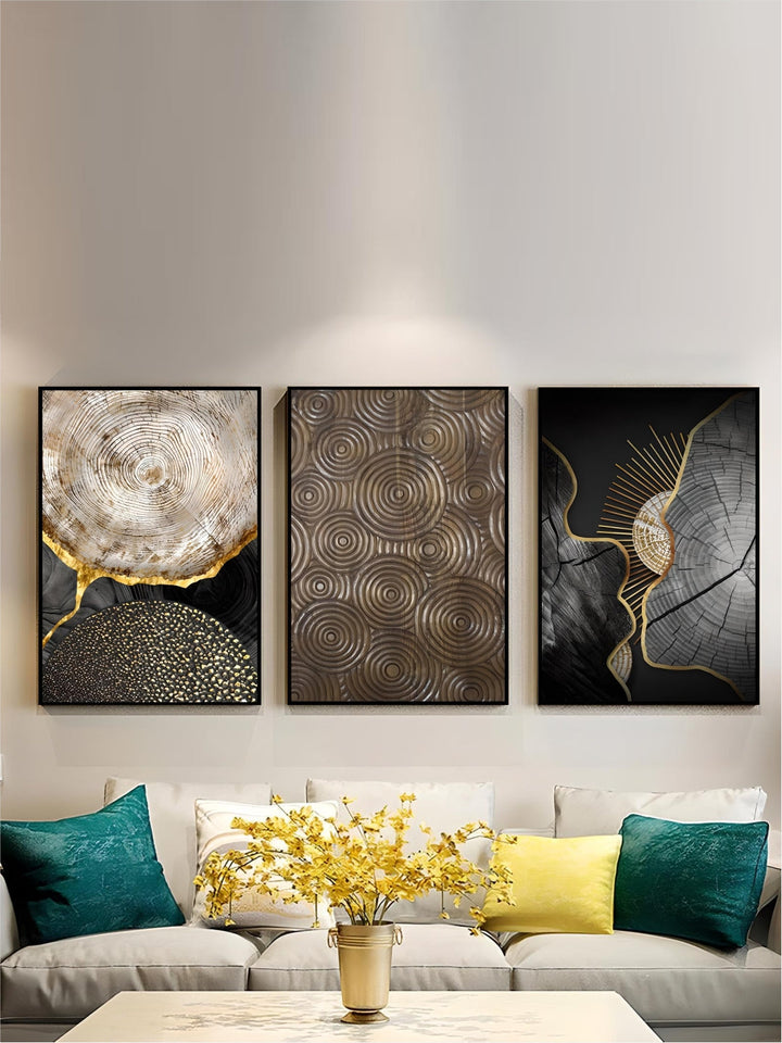 Abstract Black Golden Tree Rings Wall Art Fine Art Canvas Prints Light Luxury Pictures For Living Room Foyer Entranceway Reception Room Art Decor