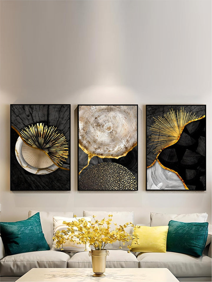 Abstract Black Golden Tree Rings Wall Art Fine Art Canvas Prints Light Luxury Pictures For Living Room Foyer Entranceway Reception Room Art Decor