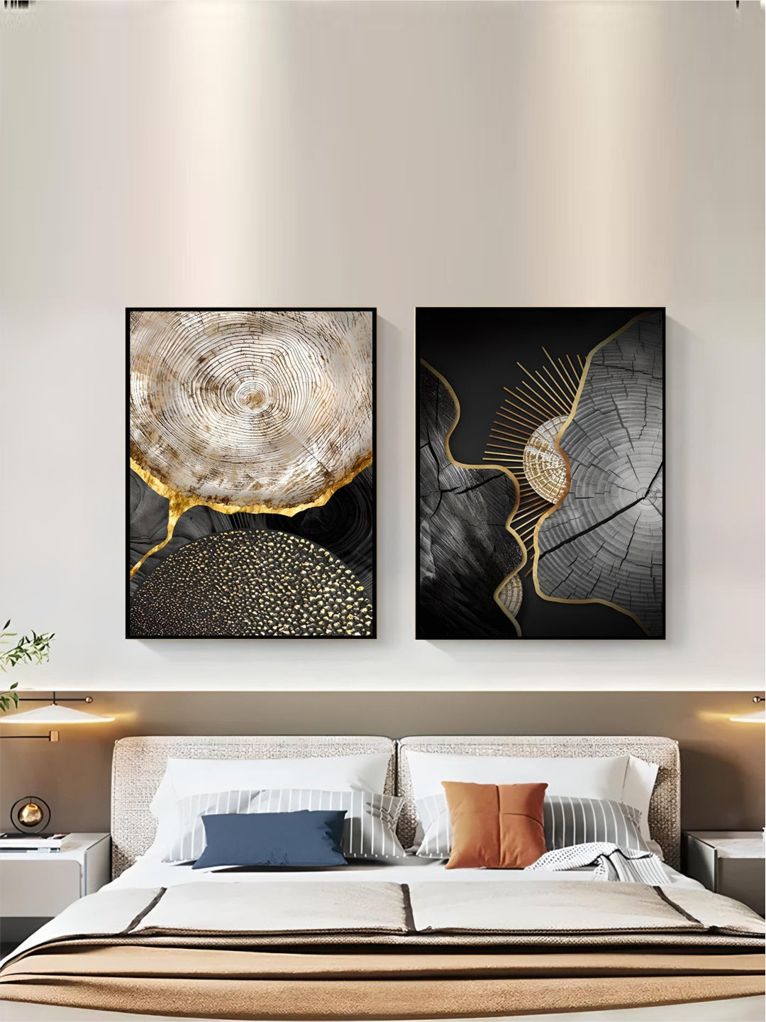 Abstract Black Golden Tree Rings Wall Art Fine Art Canvas Prints Light Luxury Pictures For Living Room Foyer Entranceway Reception Room Art Decor