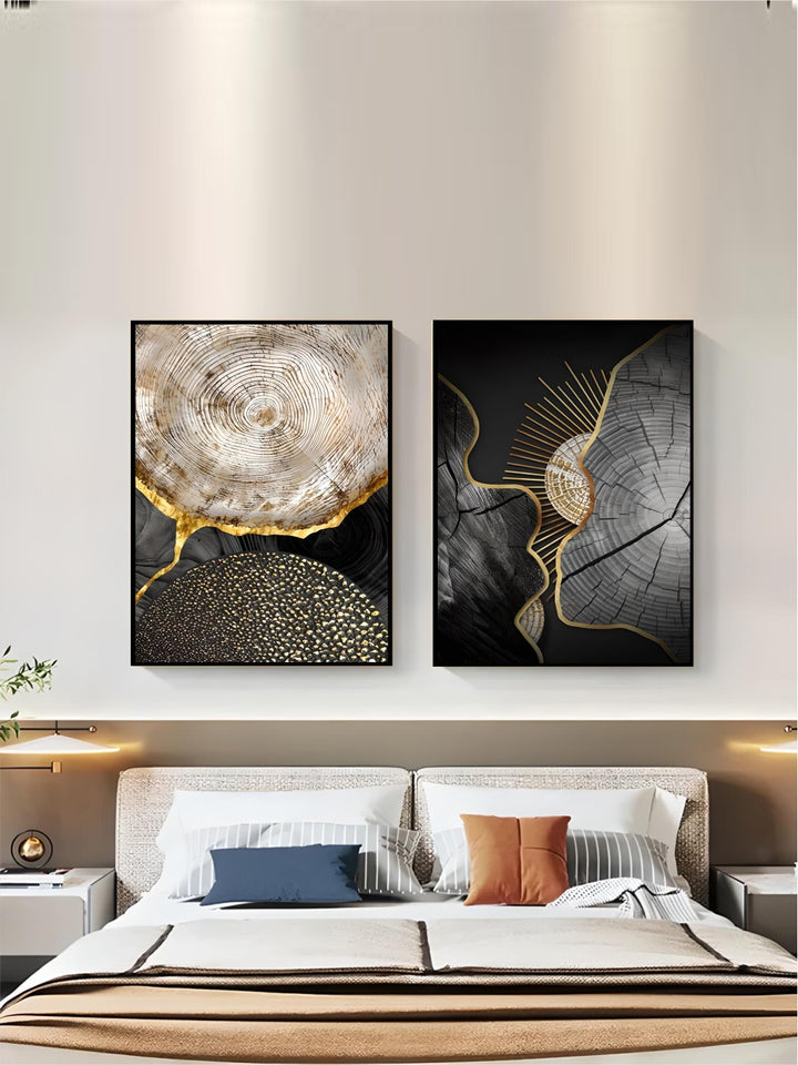 Abstract Black Golden Tree Rings Wall Art Fine Art Canvas Prints Light Luxury Pictures For Living Room Foyer Entranceway Reception Room Art Decor