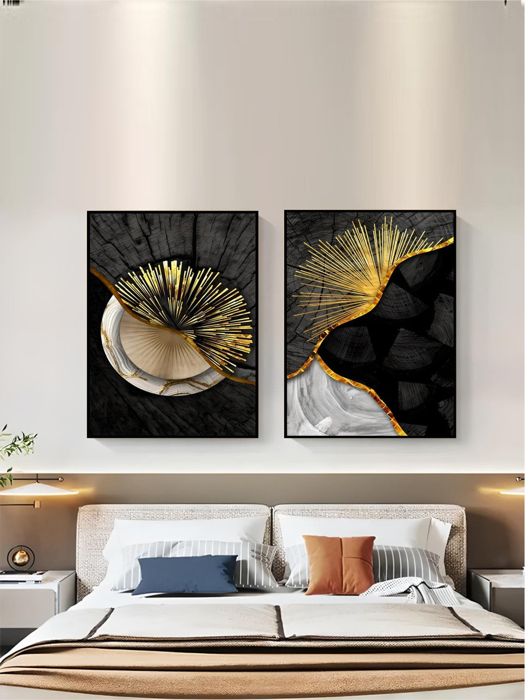 Abstract Black Golden Tree Rings Wall Art Fine Art Canvas Prints Light Luxury Pictures For Living Room Foyer Entranceway Reception Room Art Decor