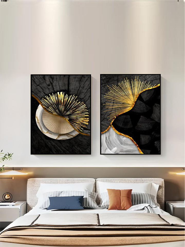 Abstract Black Golden Tree Rings Wall Art Fine Art Canvas Prints Light Luxury Pictures For Living Room Foyer Entranceway Reception Room Art Decor