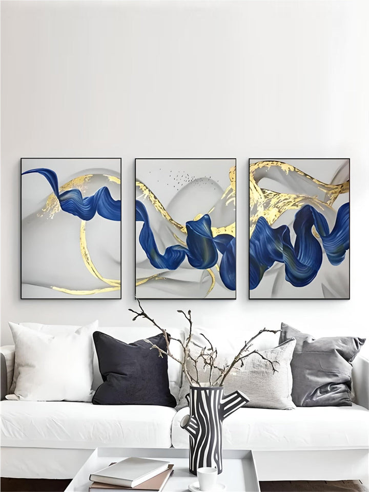 Set of 3Pcs Blue Golden Wave Wall Art Fine Art Canvas Prints Pictures For Modern Living Room Dining Room Hotel Room Decor