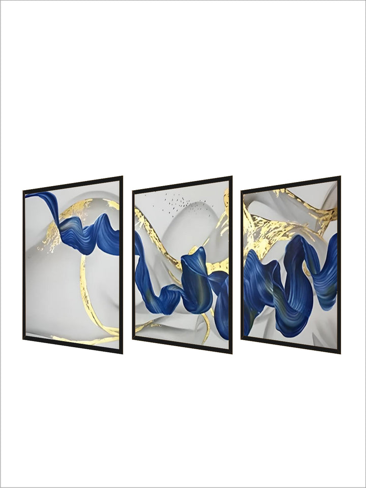 Set of 3Pcs Blue Golden Wave Wall Art Fine Art Canvas Prints Pictures For Modern Living Room Dining Room Hotel Room Decor