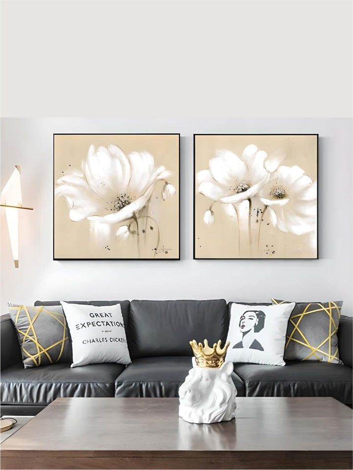 Beige White Petal Flower Wall Art Fine Art Canvas Prints Modern Botanical Square Format Floral Pictures For Living Room Bedroom Decor