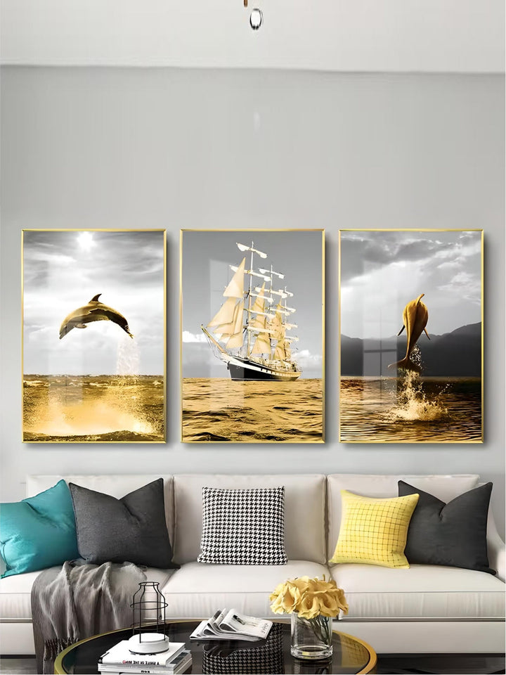  nordic dolphin Seascape 3PCS/SET framed wall art crystal porcelain sailboat painting